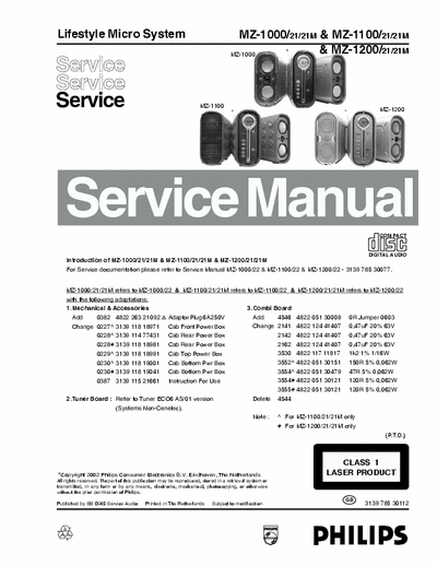 Philips MZ-1000, MZ-1100, MZ-1200 Service Information Mechanical, Accessories, Board, Power Box, Supply - pag. 2